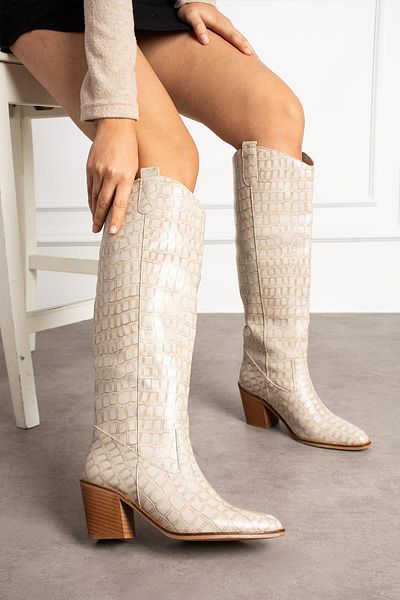 ShoeTek Μπεζ δερμάτινες γυναικείες μπότες Helia - Cowboy Crocodile Pattern