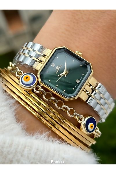 FERRO Brand Steel Cord, Silver Color, Small Cornered Case Women's Wrist Watch + Evil Eye Beaded Bracelet