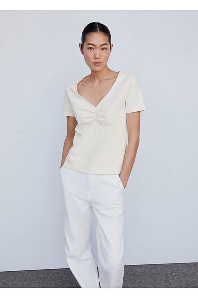MANGO Woman Βαμβακερό μπλουζάκι με λεπτομέρεια με κορδόνι