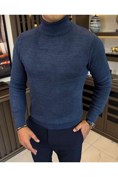 TerziAdemAltun Italian Style Slim Fit Turtleneck Knitwear Male Sweater Navy Blue T13224