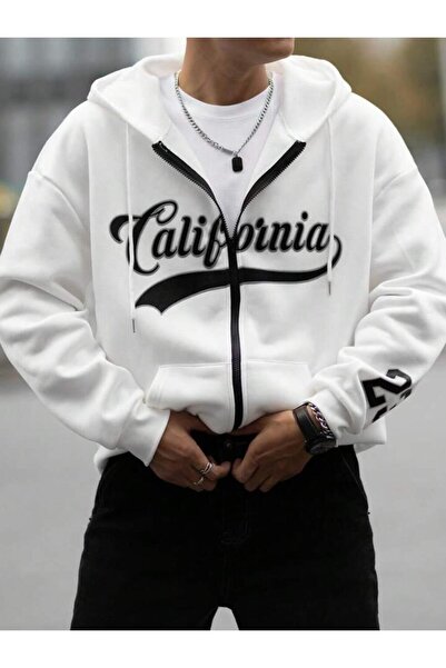 VESTIR BIEN California Baskılı 3 İplik Altı Polarlı Beyaz Fermuarlı Hırka