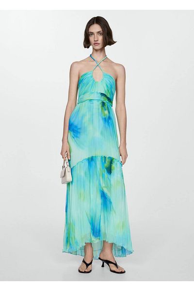 MANGO Woman Rochie lungă cu decolteu cu halter cu imprimeu
