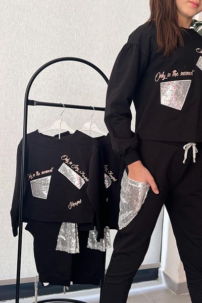 Minik Dolap Sequin Sequin Pocket Tracksuit Set for Girls - Black