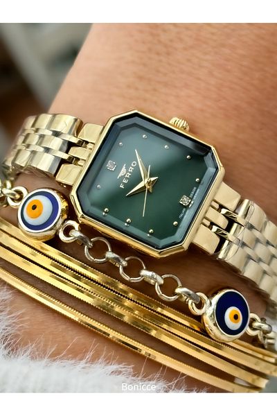 FERRO Brand Steel Cord, Yellow Color, Small Cornered Case Women's Wrist Watch + Evil Eye Beaded Bracelet