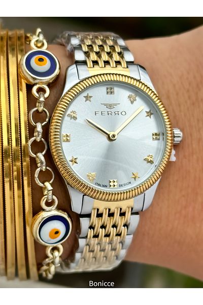 FERRO Women's White Dial Wrist Watch and Bracelet with Yellow Silver Color Steel Band - Butterfly and Star Pattern