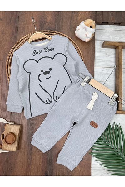 tiwitibaby Teddy Bear Printed Shoulder Snap Waffle Fabric 2-Piece Baby Boy Set