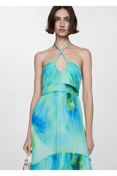 MANGO Woman Rochie lungă cu decolteu cu halter cu imprimeu
