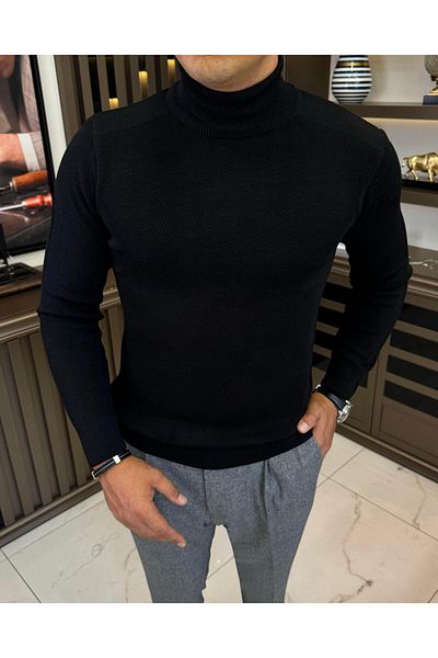 TerziAdemAltun Tricotaj slim fit în stil italian pulover bărbați negru T13226