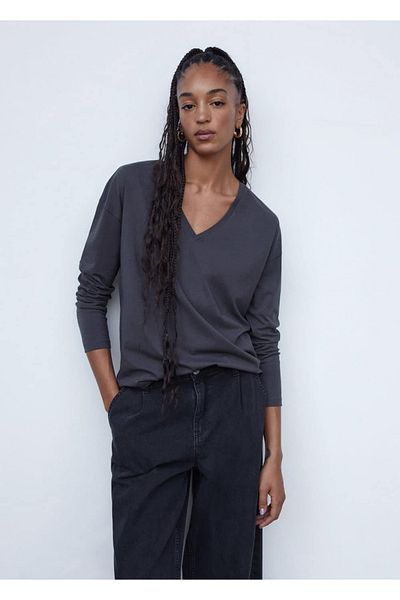MANGO Woman Tricou din bumbac cu decolteu în V