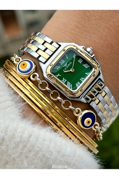 FERRO Brand Steel Band,Silver Yellow Color,Green Dial Square Mini Case Women's Wrist Watch+ Bracelet