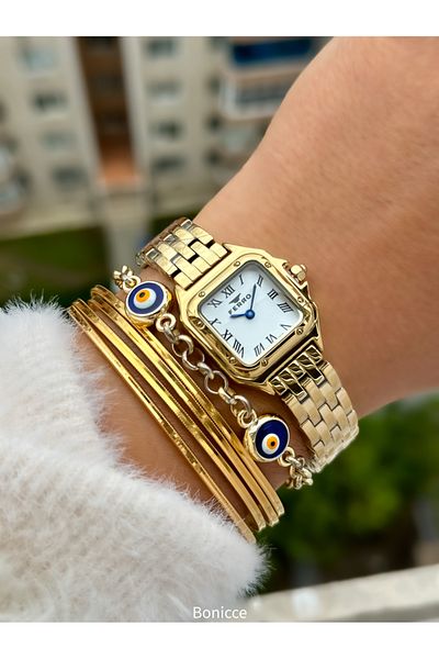 FERRO Yellow and White Dial Steel Band Mini Case Women's Wrist Watch + Evil Eye Beaded Bracelet