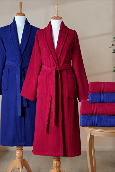 Ellaline 6-предметний комплект халатів у смужку, 100% бавовна, сертифікований сімейний комплект рушників і халатів, весільний комплект, синій та бордовий кольори