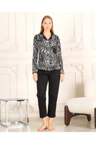 New wise Zebra Desenli V Yaka Cepli Büyük Beden Siyah Pijama Takımı