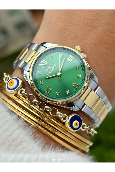 FERRO Brand Steel Band, Silver Yellow Color, Green Dial Women's Wrist Watch + Evil Eye Beaded Bracelet