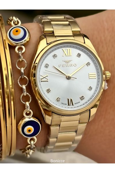 FERRO Brand Steel Band, Yellow Color, White Dial Women's Wrist Watch + Evil Eye Beaded Bracelet