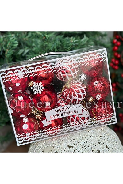 QUEEN AKSESUAR Christmas Ball Set of 24 - Pine Tree and Ornament Decoration with Bright Red Bag