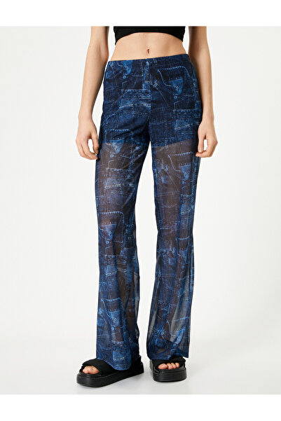 Koton Bol Paça Pantolon Denim Tül Görünümlü Normal Bel