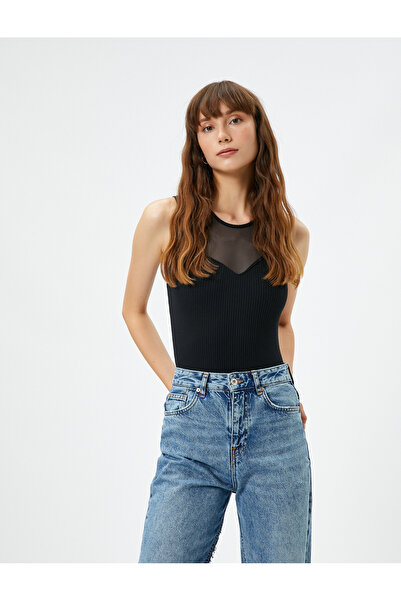 Koton Ribbed Athlete Halter Neck Top with Tulle Detail