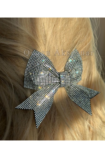 QUEEN AKSESUAR Imported Luxury French Complete Crystal Silver Grey Transparent Stone Paved Pendant Bow Automatic Buckle