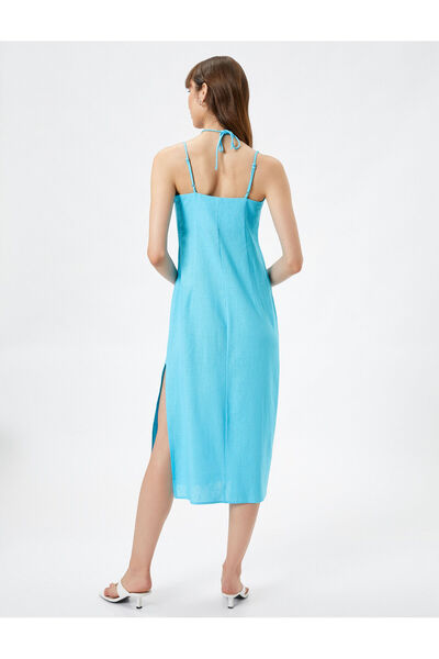 Koton Keten Elbise Midi Boy Askılı Boncuk Detaylı