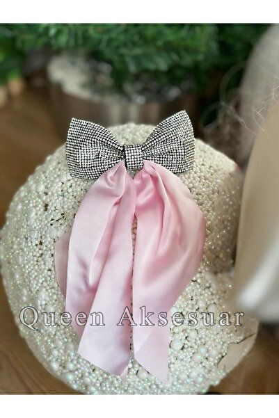 QUEEN AKSESUAR Pink Satin Scarf - Imported French Automatic Buckle with Crystal Stone Finish and Bow