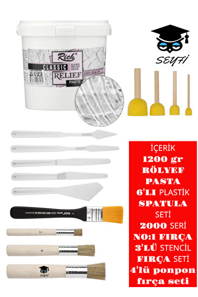 SEYFİKİRTASİYE Rich Rölyef Pasta Klasik Beyaz 1200 Gr Stencil Fırça Seti Plastik Spatül Seti ponpon ve zemin fırça