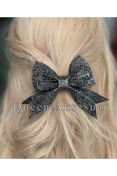 QUEEN AKSESUAR Black Smoked Stone Coated Imported French Automatic Buckle - Pendant Bow