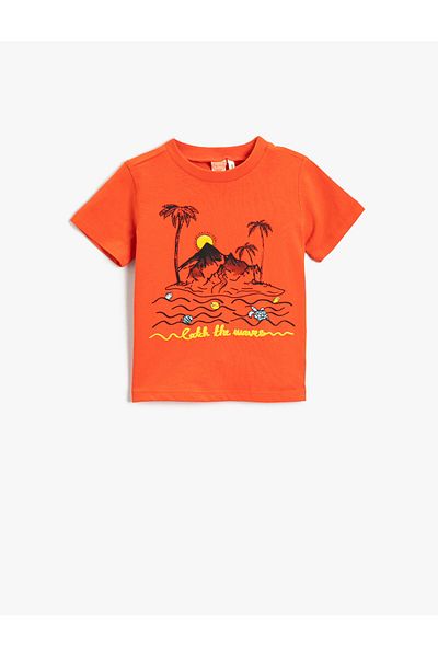 Koton Summer Themed Printed Short Sleeve T-Shirt Cotton