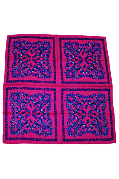 TikiTonki Çiçek Desenli Saten Fuşya Eşarp - 90x90