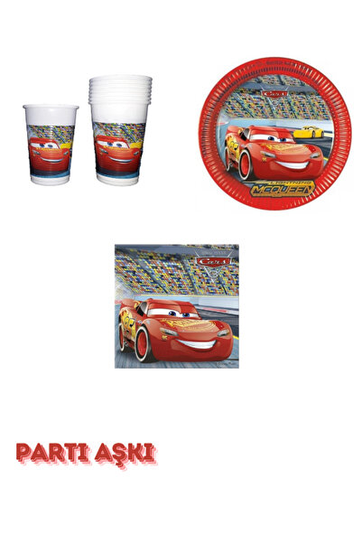 PARTİ AŞKI Lisanslı Şimşek Mcqueen Temalı Tabak Bardak Peçete 3'lü Set - Erke...