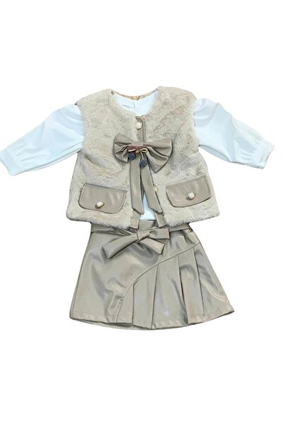 YusGos Baby Girl Monthly Leather Skirt Plush Vest Combed Sweat Set