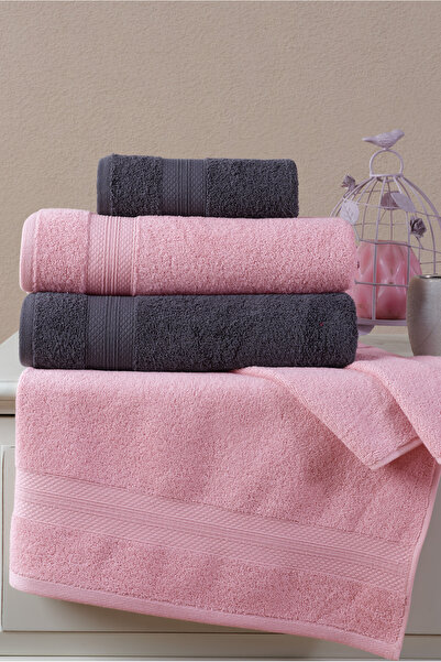 Ellaline Набір з 4 рушників для ванної кімнати, антрацитово-рожевий - 100% бавовна, бордюр з ромбовим візерунком, 50x80-70x130 см