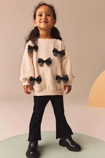 Magu Bow Pattern Cotton Sweatshirt Leggings Set Bottom-Top Set Girls