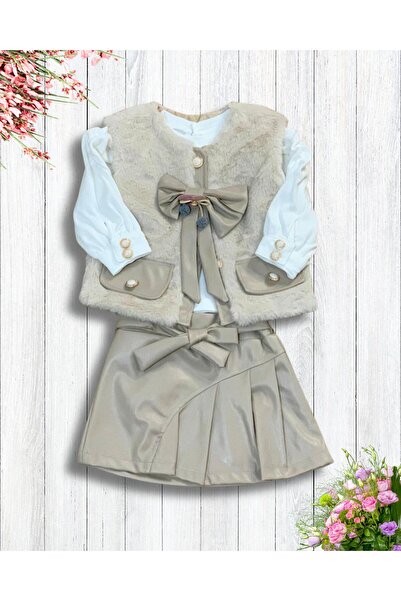 YusGos Baby Girl Monthly Leather Skirt Plush Vest Combed Sweat Set