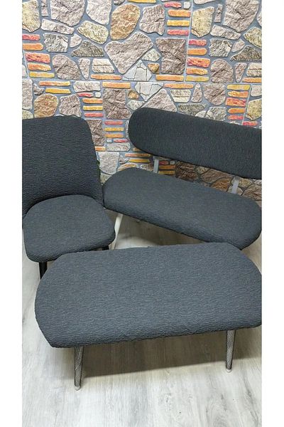 kılıfteks Anthracite Jacquard Fabric Pouf Σετ Παγκάκι - 2 Καρέκλες, 1 Παγκάκι