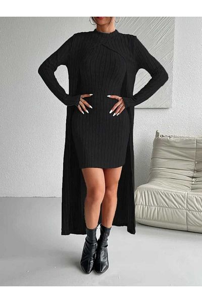 WellWay Rochie de damă cu gât rotund + jumătate de gât țesut înălțat Camolă Set două piese-negru