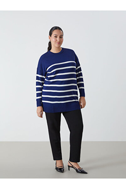 LC Waikiki Blue Crew Neck Striped Long Sleeve Women's Knitwear Tunic