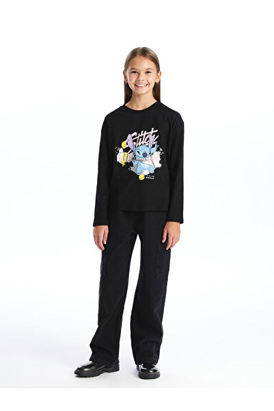 LC Waikiki Black Crew Neck Printed Long Sleeve Girls' T-Shirt