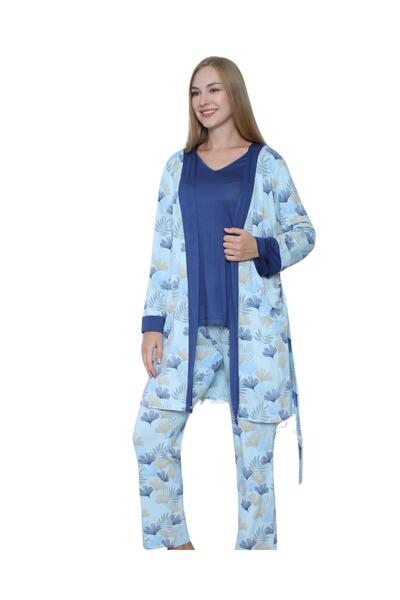 LİMİSSİ Limissi Viscose Patterned Blue Pajamas Set 100% Cotton