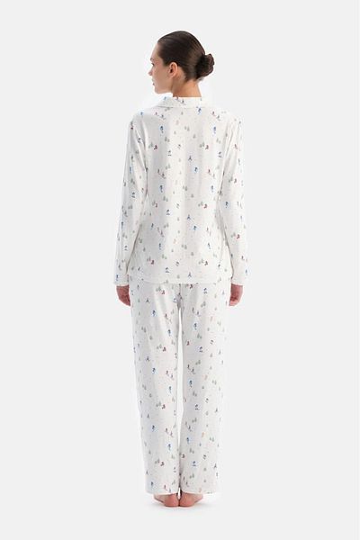 Dagi New Year Thema Ecru Mistress Printed Thermal Shirt Pants Pajamas Set