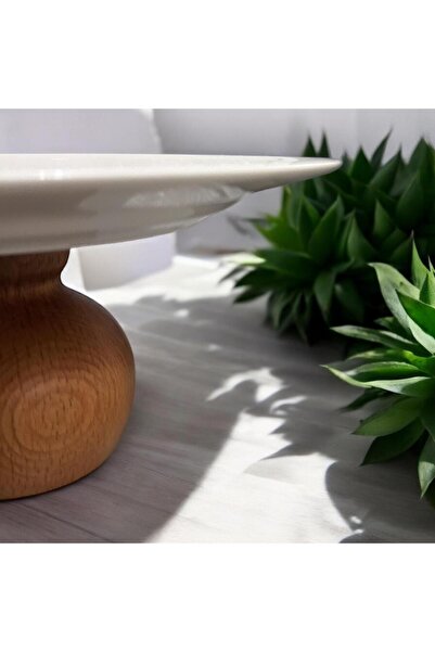 zagorwood Wooden Based 27 cm Ceramic Decorative Dessert Pastry Cake Presentation / Serving Stand Plate