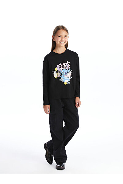 LC Waikiki Black Crew Neck Printed Long Sleeve Girls' T-Shirt