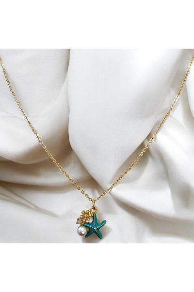 SAYILI COLLECTION Blue Starfish Gold Necklace with Pearl and Flower Detail