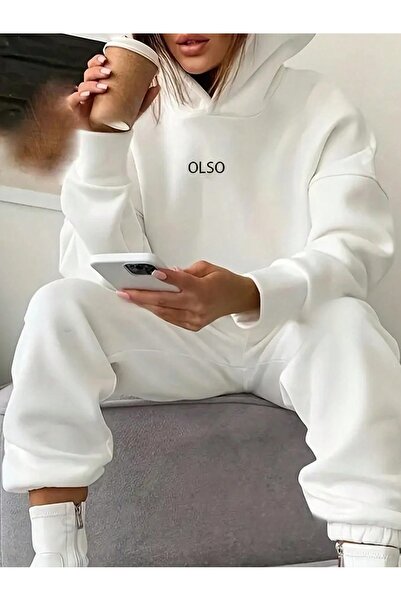 OVER HEAD Γυναικείο σετ αθλητικής φόρμας με φούτερ με κουκούλα με κουκούλα σε λευκό Olso