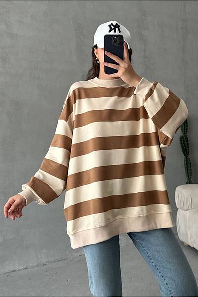 Moda Rosa 25K4426 - Coffee - Thick Stripes Oversize Sweat
