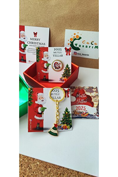 cacatasarım Set de brelocuri și broșe de Crăciun cu figurine de Anul Nou, 5 bucăți, cadou cu card și cutie