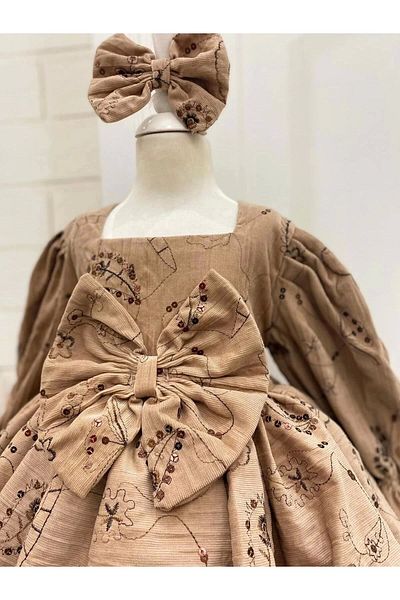 Nissa Light Brown Patterned Velvet Girl's Dress