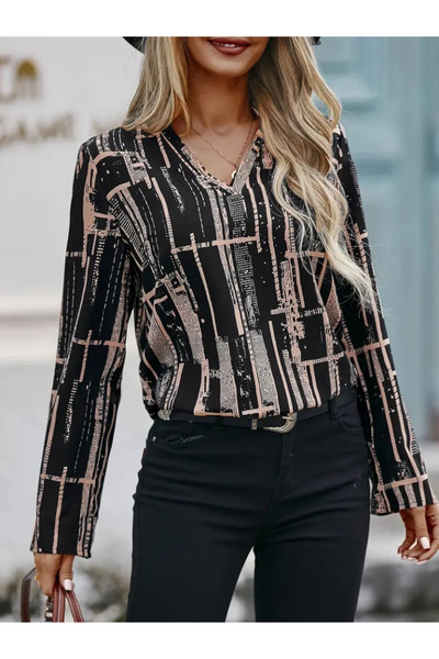 JANES Kadın Uzun Kollu V Yakalı Desenli Dalgıç Bluz
