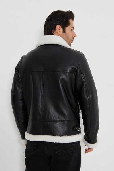 By Marki Marki Pilot Genuine Leather Coat - Black and White Fur, Zipper Closure - 501822