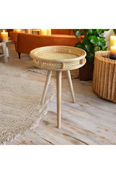 Toprak Design Bambu(40cm) el yapımı Hazeranlı Rattan yan Sehpa  ,